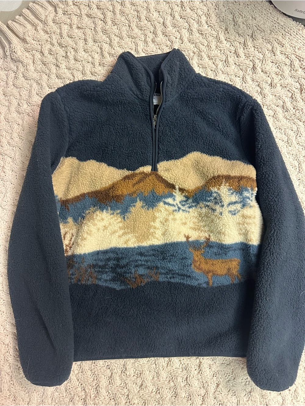 Old Navy Navy Sherpa Zip-Up Sweater with Mountain and Deer Panel